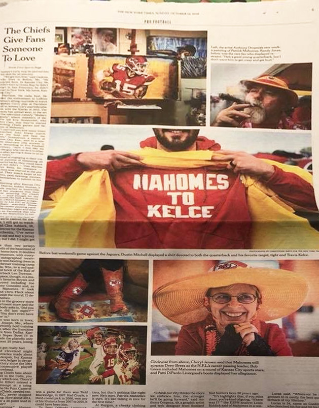 The October 4, 2018 New York Times showing Kansas City sports artist AO's "Mahomes" painting at the top of the page.